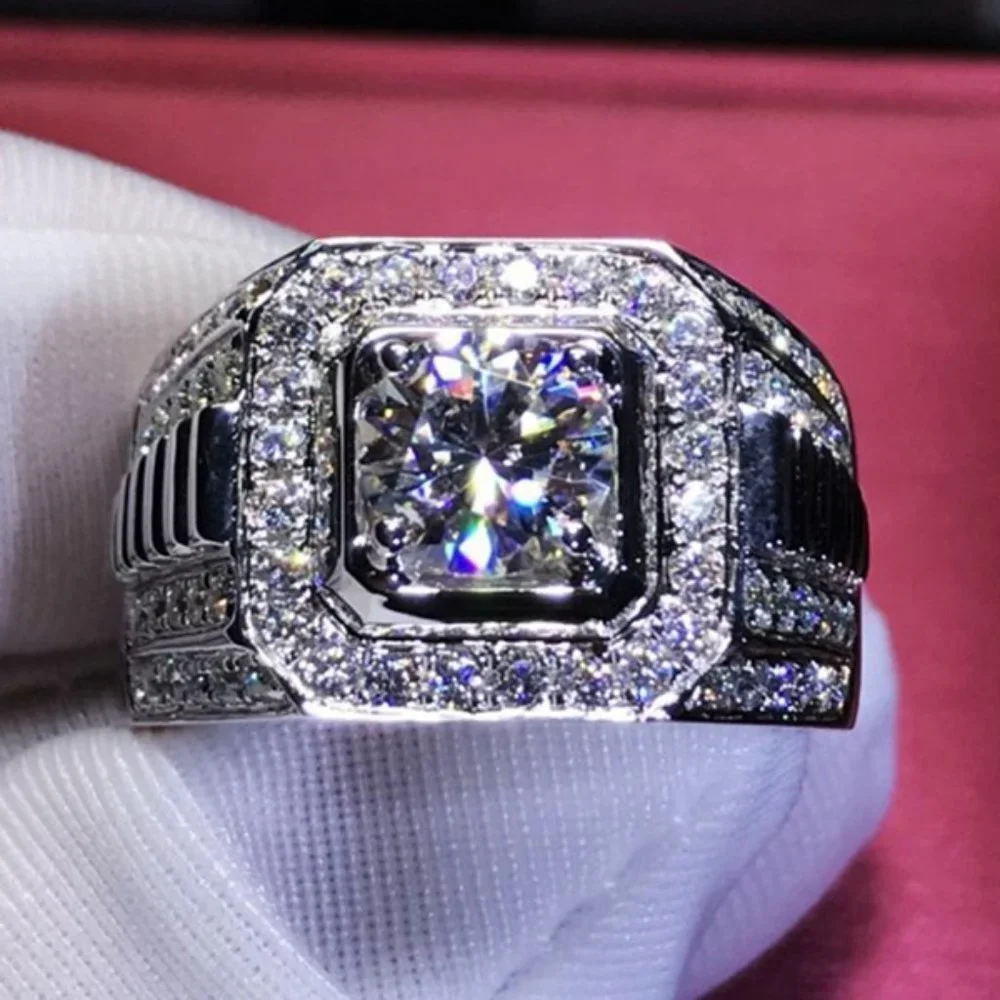 🎀 Fever Square Glitter Zircon Silver Chunky Wedding Rings for Man, PD663